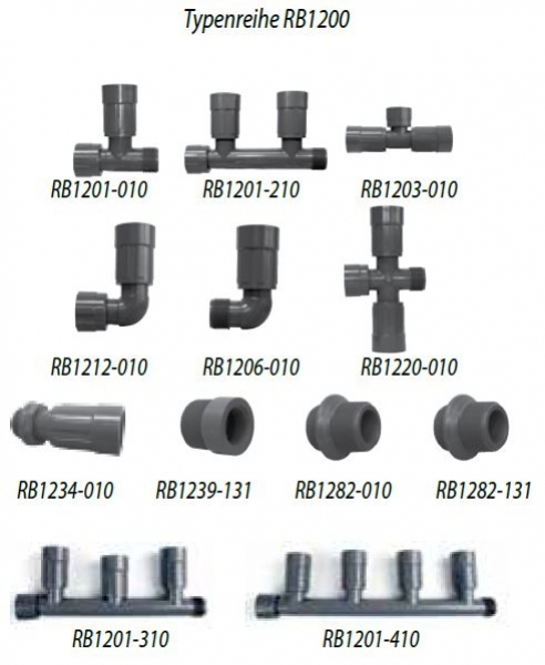 PVC-Verteiler mit 2 Ausgängen - Typenreihe RB1200 - 1“ IG x 1“ AG, 2 Ausgänge: 1“ IG - Typ RB1201210